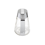 A clear Modern Glass Dispenser, 12 oz., with a shiny silver metal lid and handle is shown from the front against a white background. The empty dispenser’s simple, modern design is clearly visible and it is dishwasher safe.