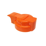 A bright orange, glossy plastic cover from TableCraft with a round base and rectangular extension. This Option Dispenser Top features smooth surfaces, a visible seam, and a small metal screw on the left edge—plus it's dishwasher safe.