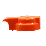 A bright orange TableCraft plastic screw-on spout cap with a raised circular center, a short Option Dispenser Top spout on the left, and a hinged flip-top lid. A small metal rivet sits near the spout, and the surface is glossy and reflective.