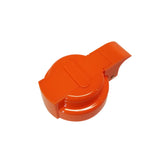 A bright orange, round plastic TableCraft object with a flat, hinged top and a protruding, angled tab on one side, shown on a plain white background. This Option Dispenser Top could serve as a dishwasher safe lid or safety cover for containers or devices.