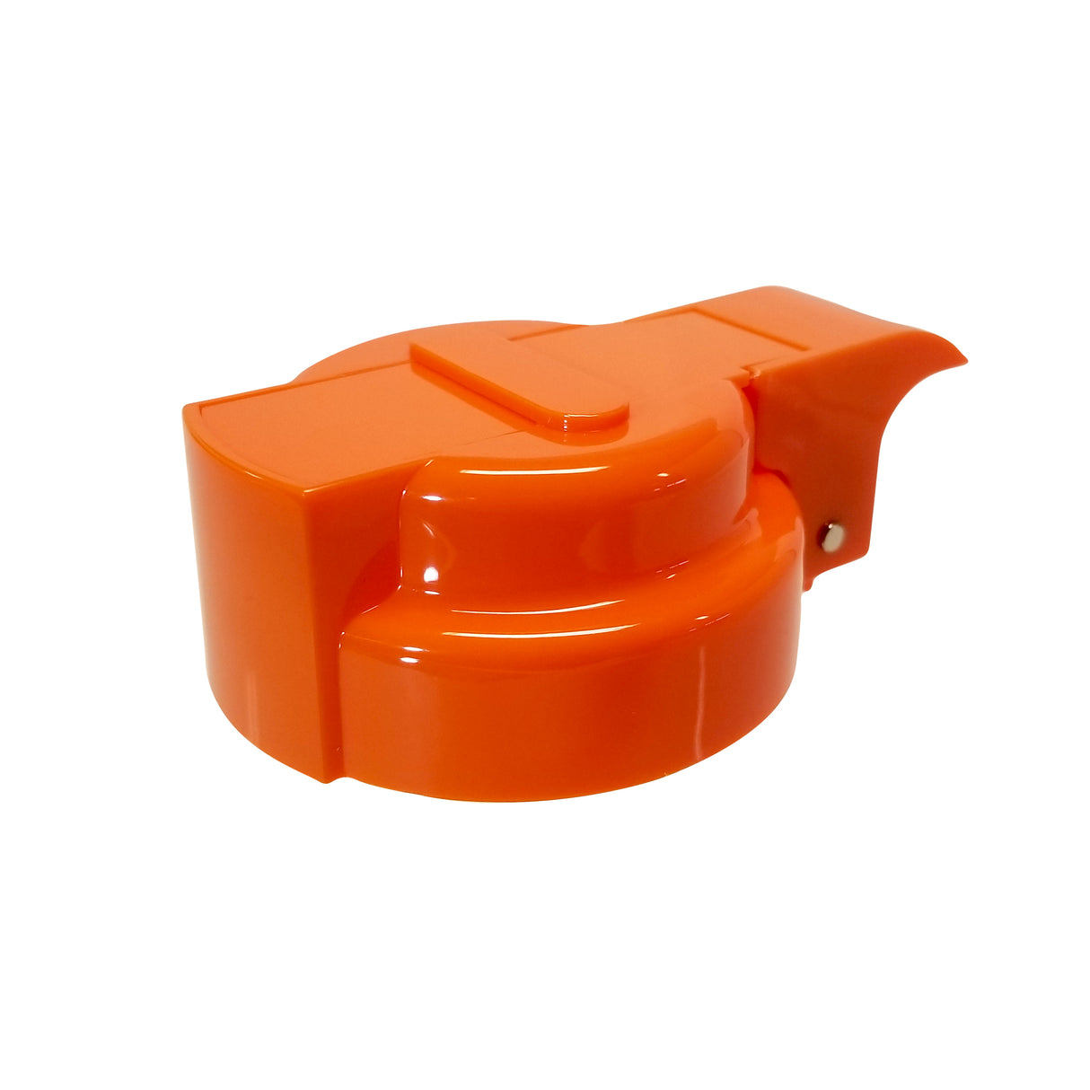 Bright orange plastic Option Dispenser Top with a smooth, rounded shape and angular ridges, featuring a small silver screw on one side. The cover has a flat top surface with raised sections and an extended curved edge. Dishwasher safe by TableCraft.