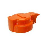 Bright orange plastic Option Dispenser Top with a smooth, rounded shape and angular ridges, featuring a small silver screw on one side. The cover has a flat top surface with raised sections and an extended curved edge. Dishwasher safe by TableCraft.