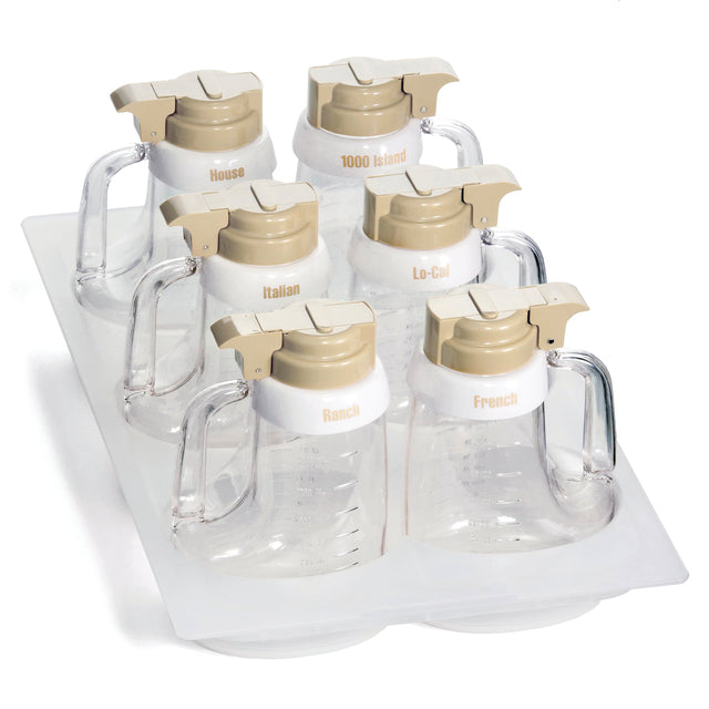 This Salad Dressing Dispenser Set features six clear dispensers with beige lids, displayed on a plastic tray. Each dispenser is labeled and has a trigger-style pour top, making it both stylish and dishwasher safe for easy cleaning.