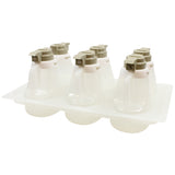 This Salad Dressing Dispenser Set features six clear syrup dispensers with beige lids and flip-top spouts, all arranged on a rectangular plastic tray. Both the dispensers and tray are dishwasher safe for easy cleaning and convenience.