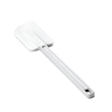 A plain white silicone spatula, BPA free and heat resistant, with a rectangular, slightly curved blade and a long handle featuring a small hole for hanging. Photographed diagonally on a white background, the blade faces upward.