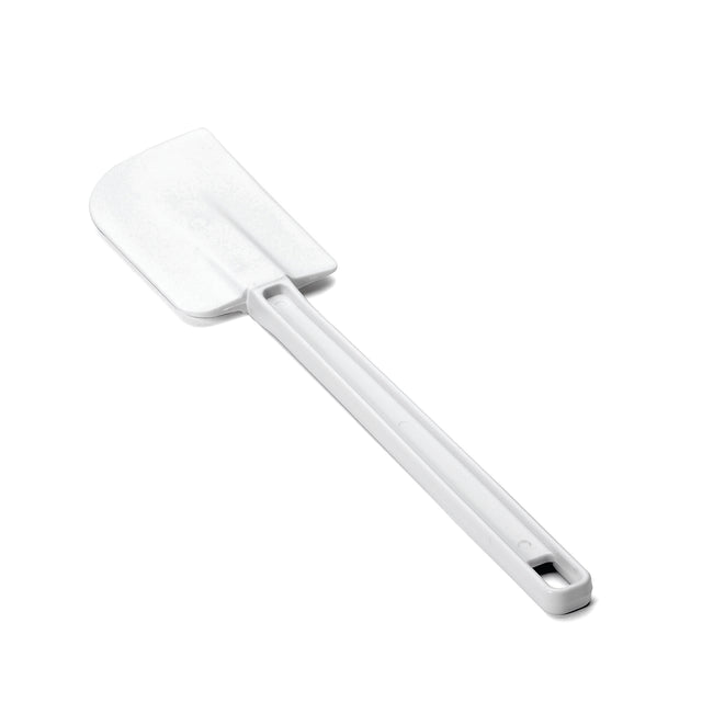 A plain white silicone spatula, BPA free and heat resistant, with a rectangular, slightly curved blade and a long handle featuring a small hole for hanging. Photographed diagonally on a white background, the blade faces upward.