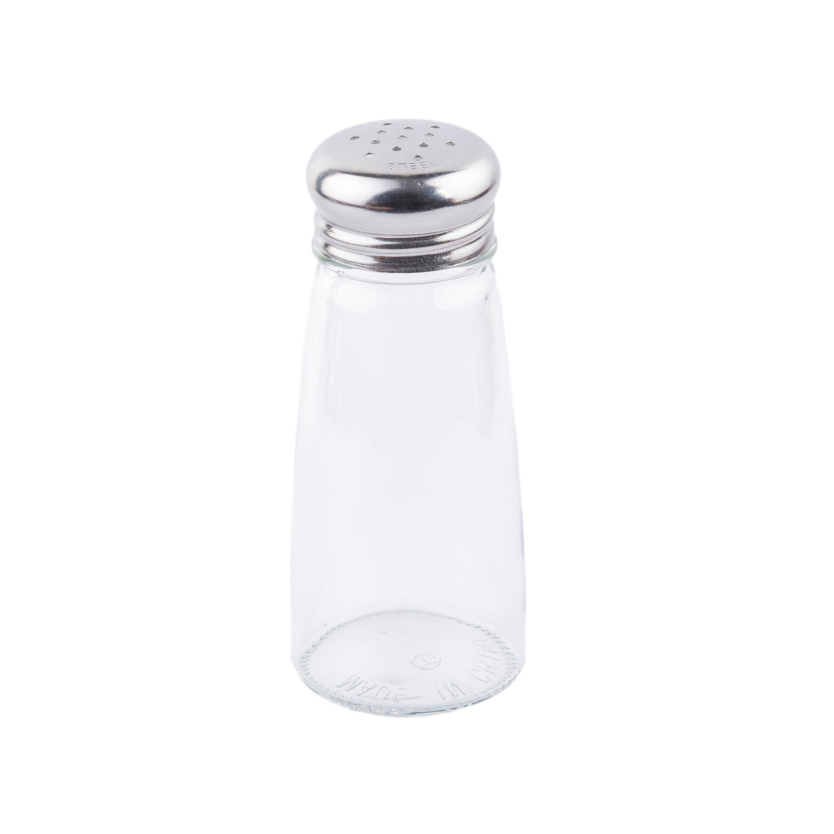 A clear glass salt shaker with a stainless steel top featuring several small holes, shown upright against a plain white background. Part of the Salt & Pepper Shakers collection, its base and lid are both visible.