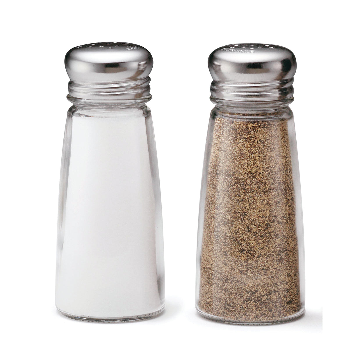 Two glass Salt & Pepper Shakers with shiny stainless steel tops are shown side by side. The left holds white salt, and the right coarse ground black pepper. Both feature small holes in their lids for easy dispensing.