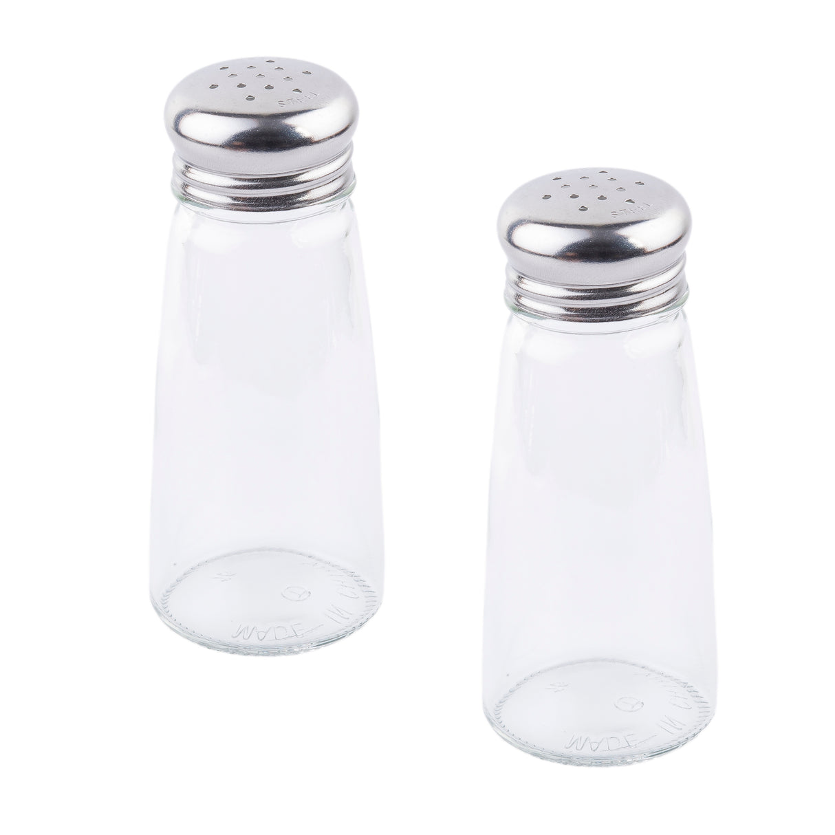 Two empty, clear glass Salt & Pepper Shakers with stainless steel tops stand upright on a white background. The shakers are identical in size and shape, perfect for seasoning your meals.