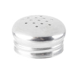 A shiny, round stainless steel replacement shaker top with multiple small holes arranged in a circular pattern on top, resting on a white background. Detachable and dishwasher safe, the lid features a smooth, reflective surface.