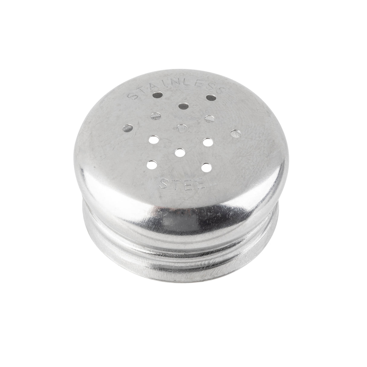 A round, shiny replacement shaker top made of stainless steel with small holes in a grid pattern. "STAINLESS STEEL" is faintly engraved on the reflective surface. Dishwasher safe and photographed against a white background.