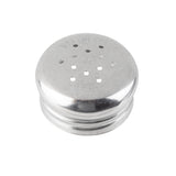 A round, shiny replacement shaker top made of stainless steel with small holes in a grid pattern. "STAINLESS STEEL" is faintly engraved on the reflective surface. Dishwasher safe and photographed against a white background.
