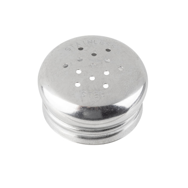 A round, shiny replacement shaker top made of stainless steel with small holes in a grid pattern. "STAINLESS STEEL" is faintly engraved on the reflective surface. Dishwasher safe and photographed against a white background.