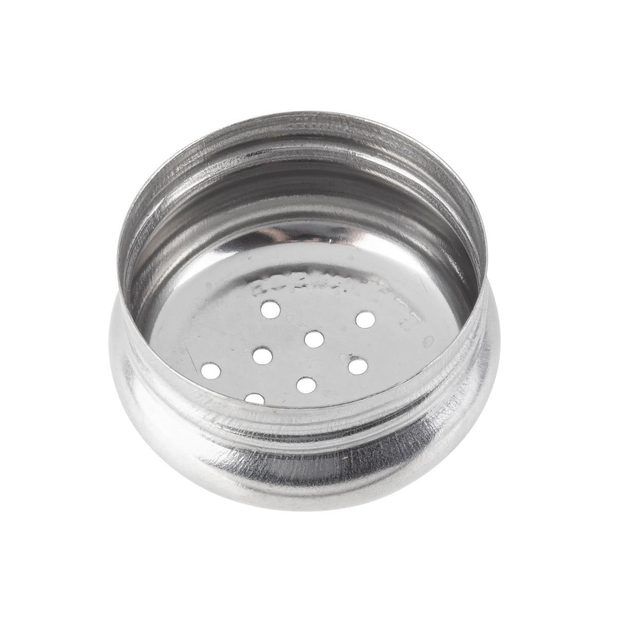 A round, stainless steel shaker component with a smooth finish and slightly flared rim. The bottom surface features several small, evenly spaced holes in a circular pattern, making it an ideal replacement shaker top.