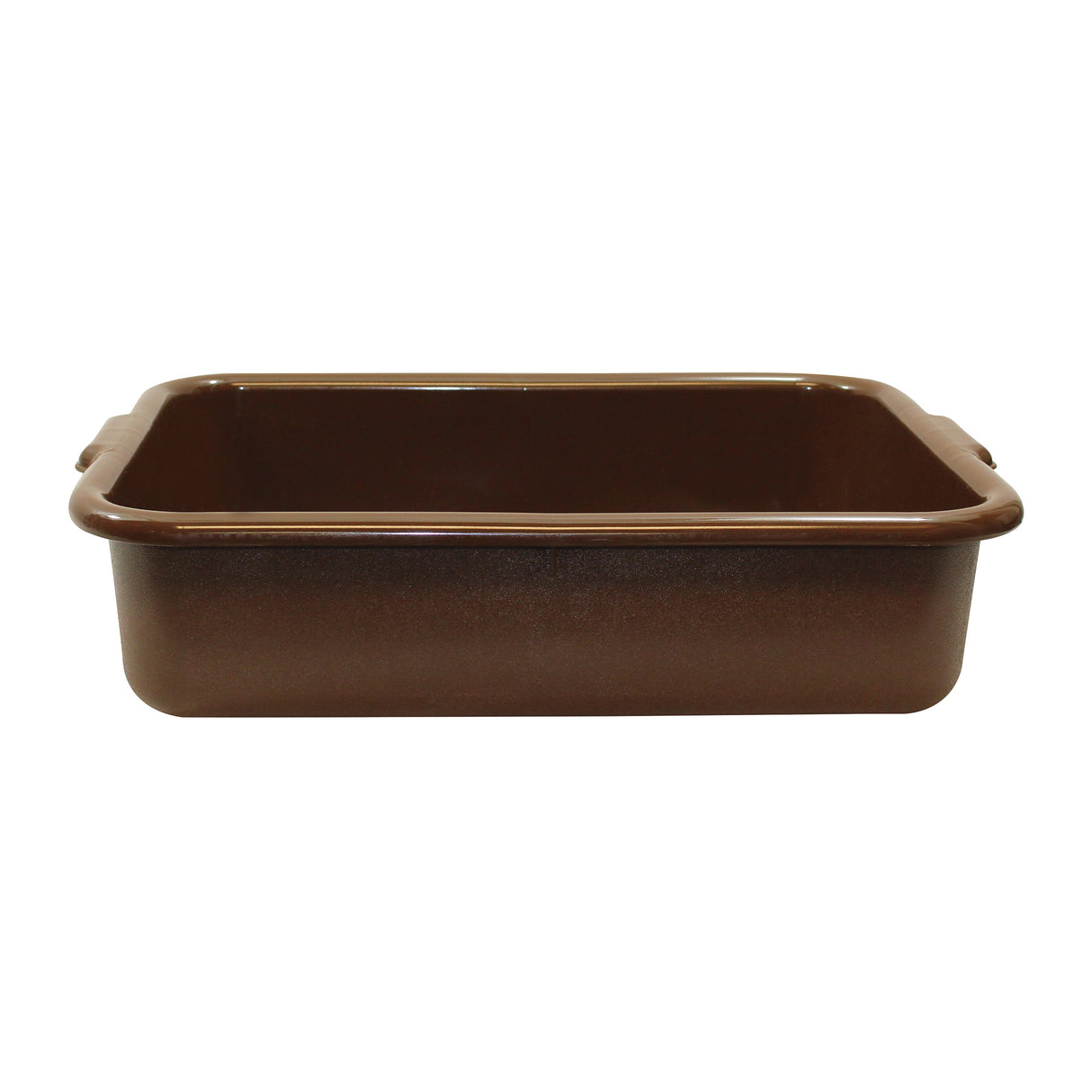 A rectangular, deep, brown baking dish with rounded corners and small handles on each short side. Dishwasher safe and featuring a glossy finish, the dish is shown empty against a white background.