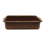 A rectangular, deep, brown baking dish with rounded corners and small handles on each short side. Dishwasher safe and featuring a glossy finish, the dish is shown empty against a white background.