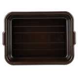A rectangular, dark brown plastic tote box viewed from above. The stackable container has slightly rounded corners, a smooth rim, and indented horizontal lines on the bottom. Small handles extend from the shorter sides. The background is plain white.
