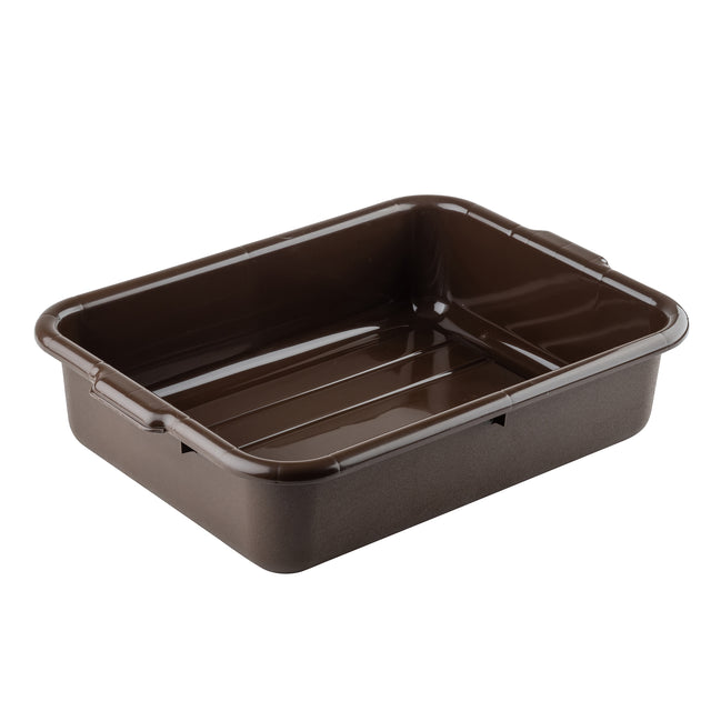 A rectangular, deep brown Tote Box with slightly rounded corners and short, raised sides. Featuring two small handles and a smooth, glossy interior with subtle ridges along the bottom, this stackable tub is also dishwasher safe for easy cleaning.