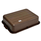 A large, rectangular brown plastic Tote Box with a fitted lid, slightly tapered sides, and a ridged top. Dishwasher safe and stackable, it features a small white label with black text on the lid and sits on a white background.