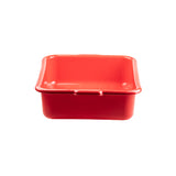 A bright red, rectangular tote box made from high density polyethylene with slightly rounded corners and a smooth surface, photographed on a plain white background. The stackable tub appears empty and is viewed from the front at eye level.