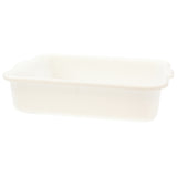 A rectangular, shallow white plastic food storage box made from high density polyethylene, with slightly curved edges and two small handles on opposite sides. Dishwasher safe, the tub appears empty and is set against a plain white background.