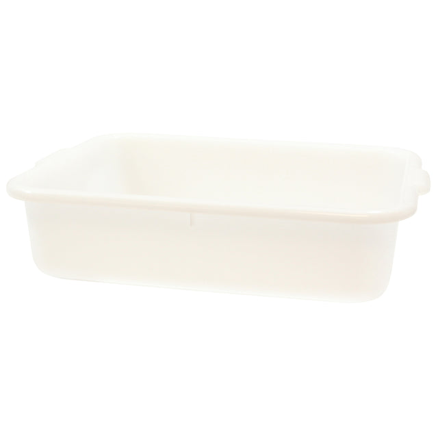 A rectangular, shallow white plastic food storage box made from high density polyethylene, with slightly curved edges and two small handles on opposite sides. Dishwasher safe, the tub appears empty and is set against a plain white background.