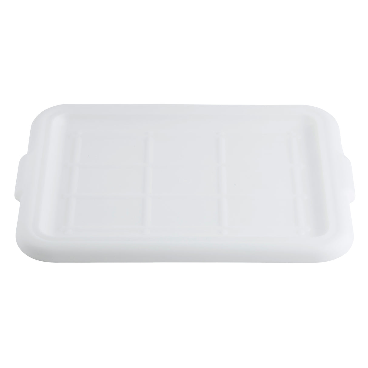 A rectangular, white plastic food storage cover with slightly rounded corners and raised edges, featuring a faint grid pattern on the surface and small handles on each side. The lid is dishwasher safe and placed on a plain white background.