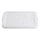 A rectangular, white plastic food storage cover with slightly rounded corners and raised edges, featuring a faint grid pattern on the surface and small handles on each side. The lid is dishwasher safe and placed on a plain white background.
