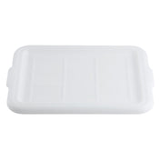 A rectangular, white plastic food storage cover with slightly rounded corners and raised edges, featuring a faint grid pattern on the surface and small handles on each side. The lid is dishwasher safe and placed on a plain white background.