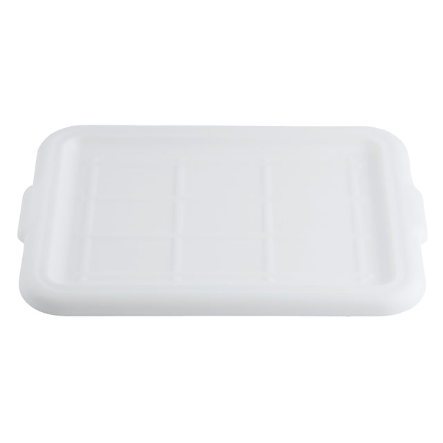 A rectangular, white plastic food storage cover with slightly rounded corners and raised edges, featuring a faint grid pattern on the surface and small handles on each side. The lid is dishwasher safe and placed on a plain white background.