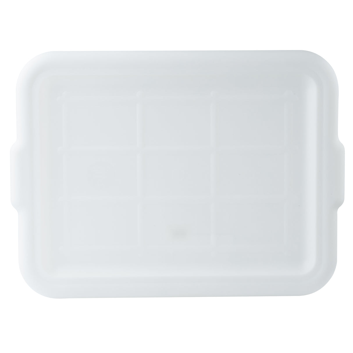 A rectangular, translucent white plastic food storage cover lid with slightly raised edges and two small side handles. The surface has a faint grid pattern, and the background is plain white. The lid is shown from a top-down perspective.