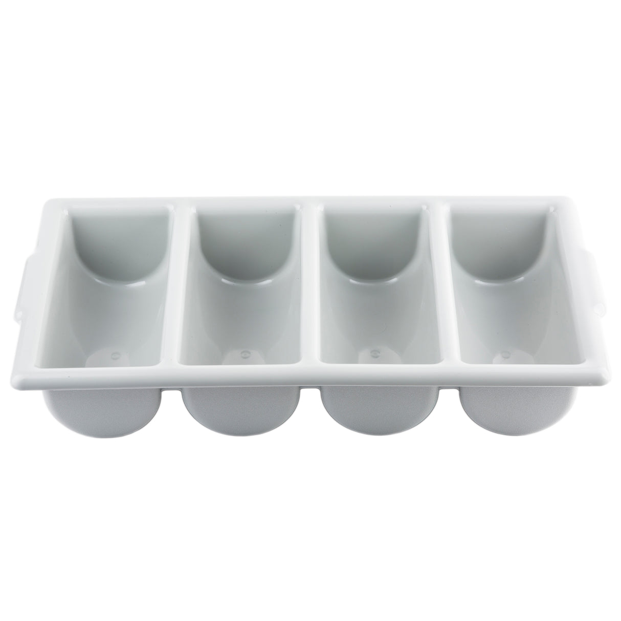 A stackable white plastic ice cube tray with four rectangular compartments, each featuring a rounded bottom. The tray is empty and shown from a slightly angled top view against a plain white background. Dishwasher safe for easy cleaning.