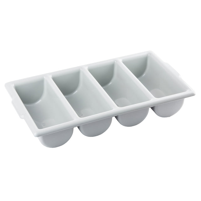 A white plastic ice cube tray with four large, rectangular compartments, each with a rounded bottom. Stackable and dishwasher safe, the tray has handles on both short sides and features a smooth, simple design.