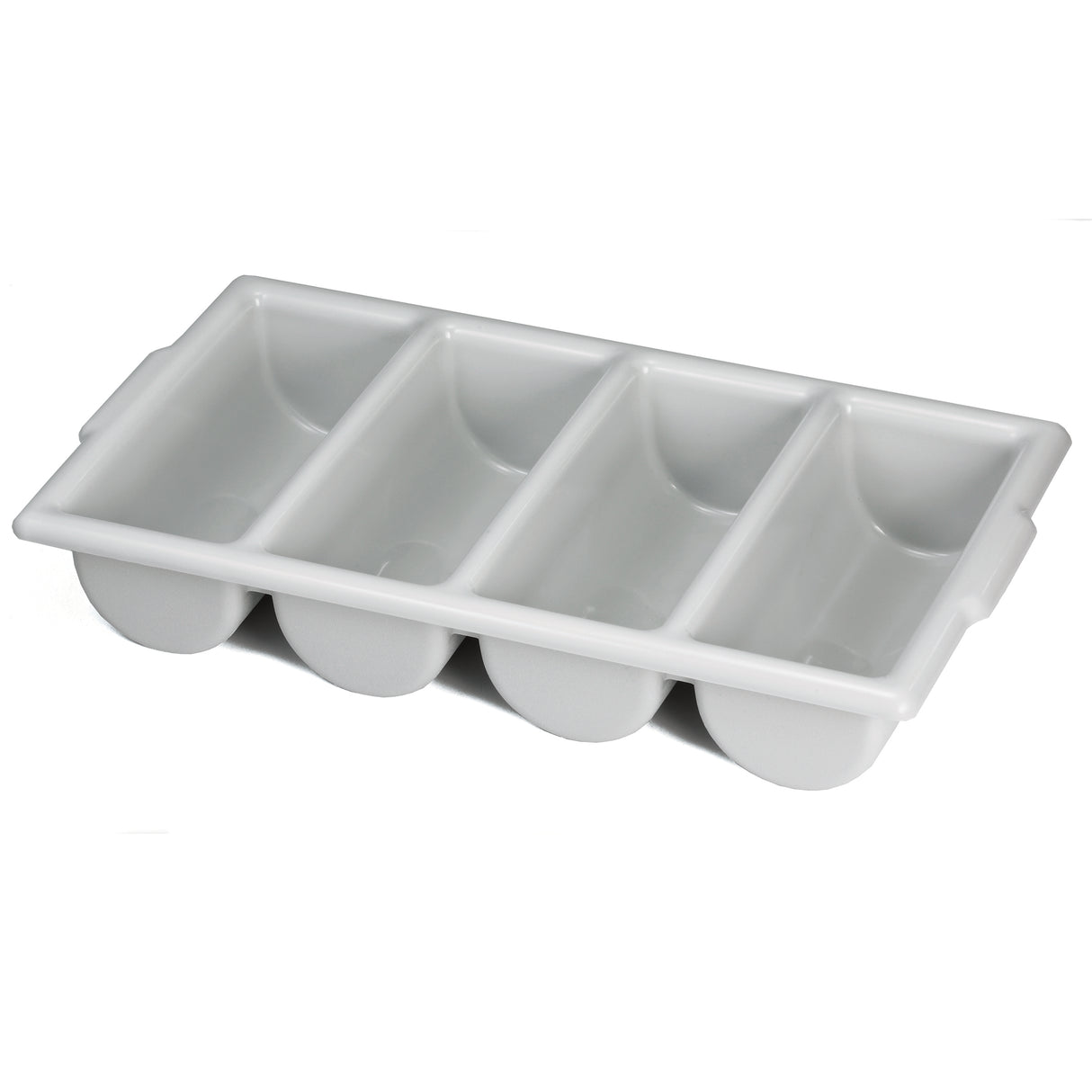 A white plastic, stackable ice cube tray with four large, rounded rectangular compartments—each makes a single oversized ice cube. The tray is viewed at an angle on a white background and is dishwasher safe for easy cleaning.