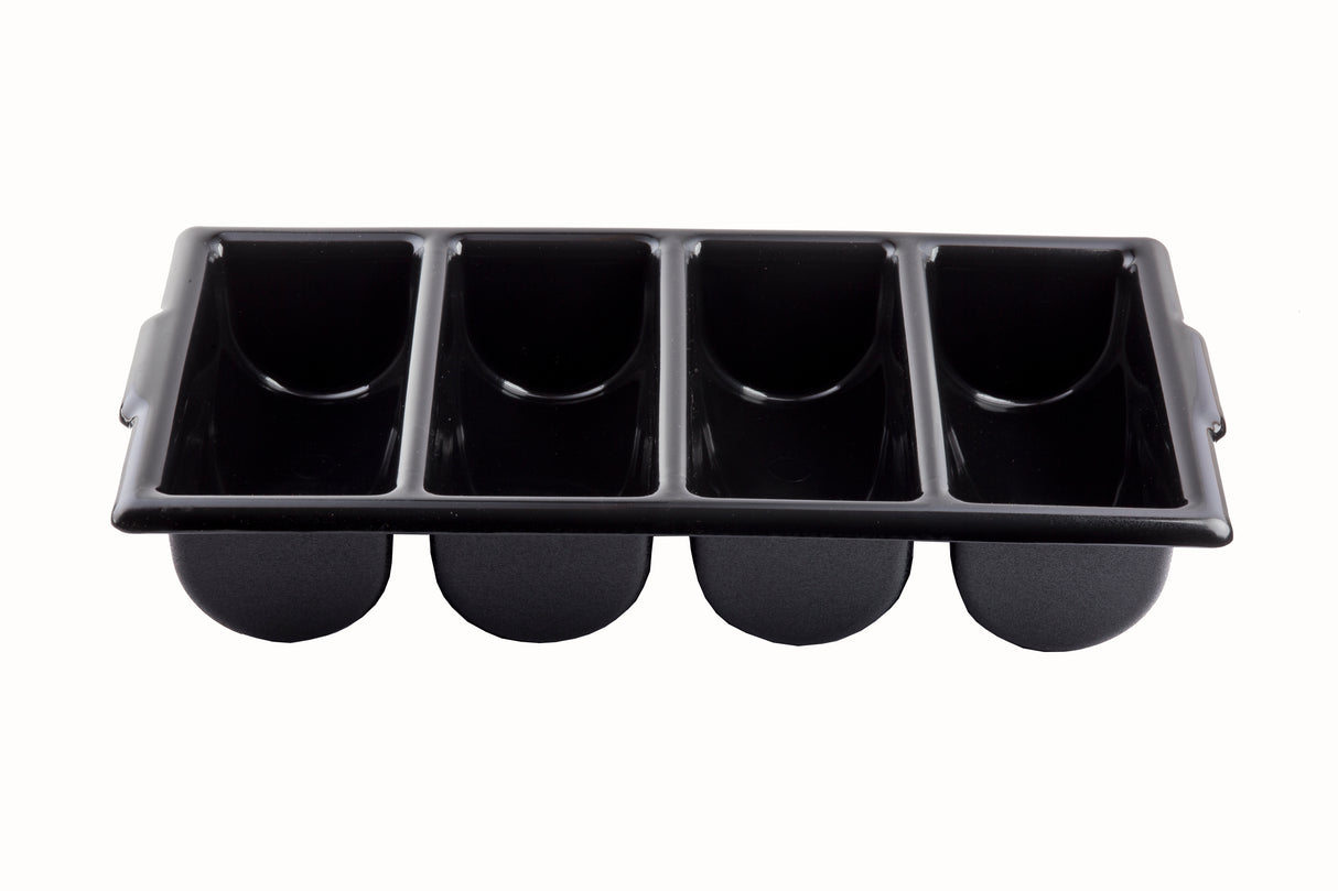 A black silicone, stackable ice cube tray with four rectangular compartments, each with a rounded bottom. The tray is dishwasher safe and shown on a white background, viewed from above at a slight angle.