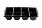 A black silicone, stackable ice cube tray with four rectangular compartments, each with a rounded bottom. The tray is dishwasher safe and shown on a white background, viewed from above at a slight angle.