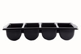 A black, dishwasher safe silicone ice cube tray with four deep, rectangular compartments is shown on a white background. The tray is viewed from the front, displaying the rounded bottoms of each compartment.