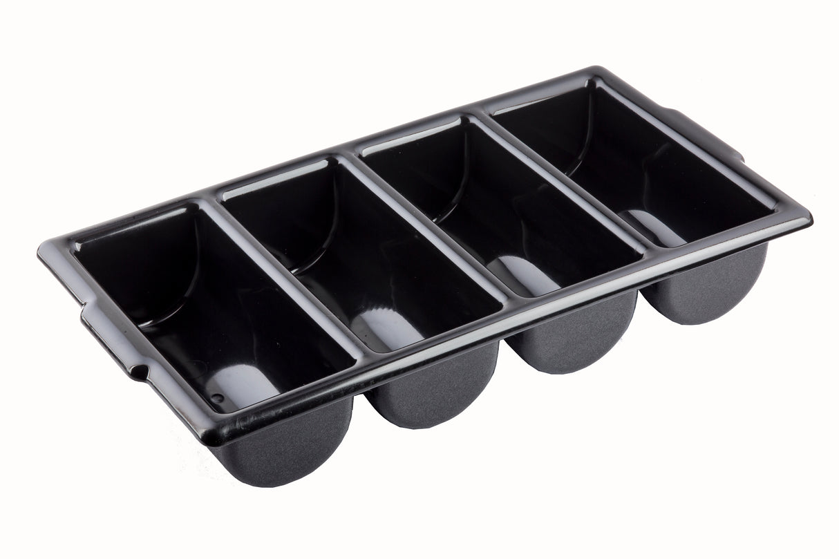 A rectangular black baking tray with four separate rounded compartments, each designed to shape individual portions. The stackable tray is shown at an angle on a white background.