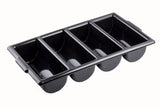 A rectangular black baking tray with four separate rounded compartments, each designed to shape individual portions. The stackable tray is shown at an angle on a white background.