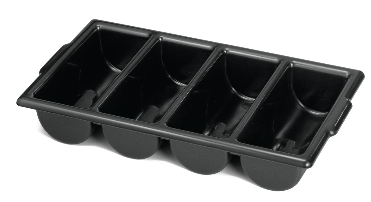 A black plastic ice cube tray with four rectangular compartments, each designed to make a large ice cube. Dishwasher safe, it features slightly rounded corners and a smooth, glossy surface, viewed at an angle on a white background.