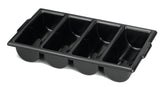 A black plastic ice cube tray with four rectangular compartments, each designed to make a large ice cube. Dishwasher safe, it features slightly rounded corners and a smooth, glossy surface, viewed at an angle on a white background.