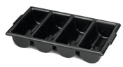A black plastic ice cube tray with four rectangular compartments, each designed to make a large ice cube. Dishwasher safe, it features slightly rounded corners and a smooth, glossy surface, viewed at an angle on a white background.