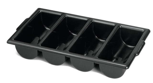 A black plastic ice cube tray with four rectangular compartments, each designed to make a large ice cube. Dishwasher safe, it features slightly rounded corners and a smooth, glossy surface, viewed at an angle on a white background.