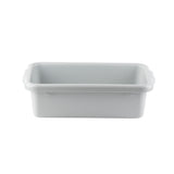 A plain, rectangular, white high density polyethylene storage bin with slightly rounded edges and two small handles on opposite sides sits against a white background. This empty, stackable undercounter box is photographed from the front, showing its depth and simple design.