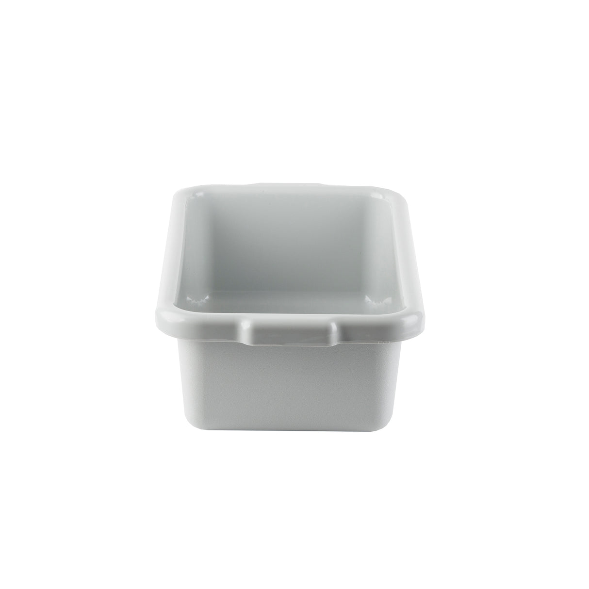 A plain, rectangular, light gray high density polyethylene storage bin is shown against a white background. The smooth-sided, stackable bin features rounded corners and a slightly raised rim with a ledge on the front for easy gripping.