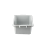 A plain, rectangular, light gray high density polyethylene storage bin is shown against a white background. The smooth-sided, stackable bin features rounded corners and a slightly raised rim with a ledge on the front for easy gripping.