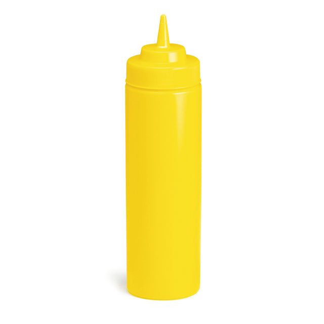 A bright yellow, 24 oz squeeze bottle with a narrow pointed nozzle and a screw-on cap, commonly used for dispensing condiments like mustard. The mustard bottle stands upright against a plain white background.