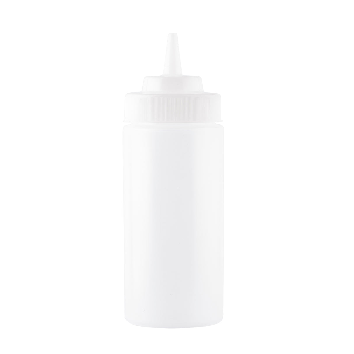 A plain, white, cylindrical 16 oz squeeze bottle with a pointed nozzle tip and screw-on cap, set against a white background. This bottle is commonly used for condiments, sauces, or dressings.