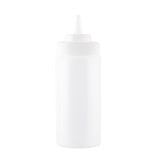 A plain, white, cylindrical 16 oz squeeze bottle with a pointed nozzle tip and screw-on cap, set against a white background. This bottle is commonly used for condiments, sauces, or dressings.