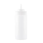 A plain, white, cylindrical 16 oz squeeze bottle with a pointed nozzle tip and screw-on cap, set against a white background. This bottle is commonly used for condiments, sauces, or dressings.